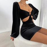 Vintage Puffärmel Quadratischer Hals Samt Party Minikleid - Schwarz